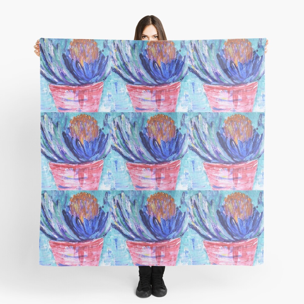 Original painting of a banksia plant on a pot on a large square 140 x 140cm scarf / wrap / shawl