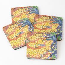 Load image into Gallery viewer, Original painting of part of a golden wattle tree on cork backed coasters

