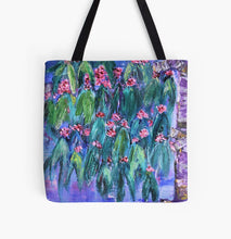 Load image into Gallery viewer, Original painting of part of a flowering gum tree on a 41 x 41cm tote bag

