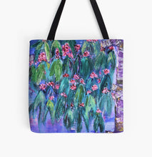Load image into Gallery viewer, Original painting of part of a  flowering gum tree on a 41 x 41cm tote bag
