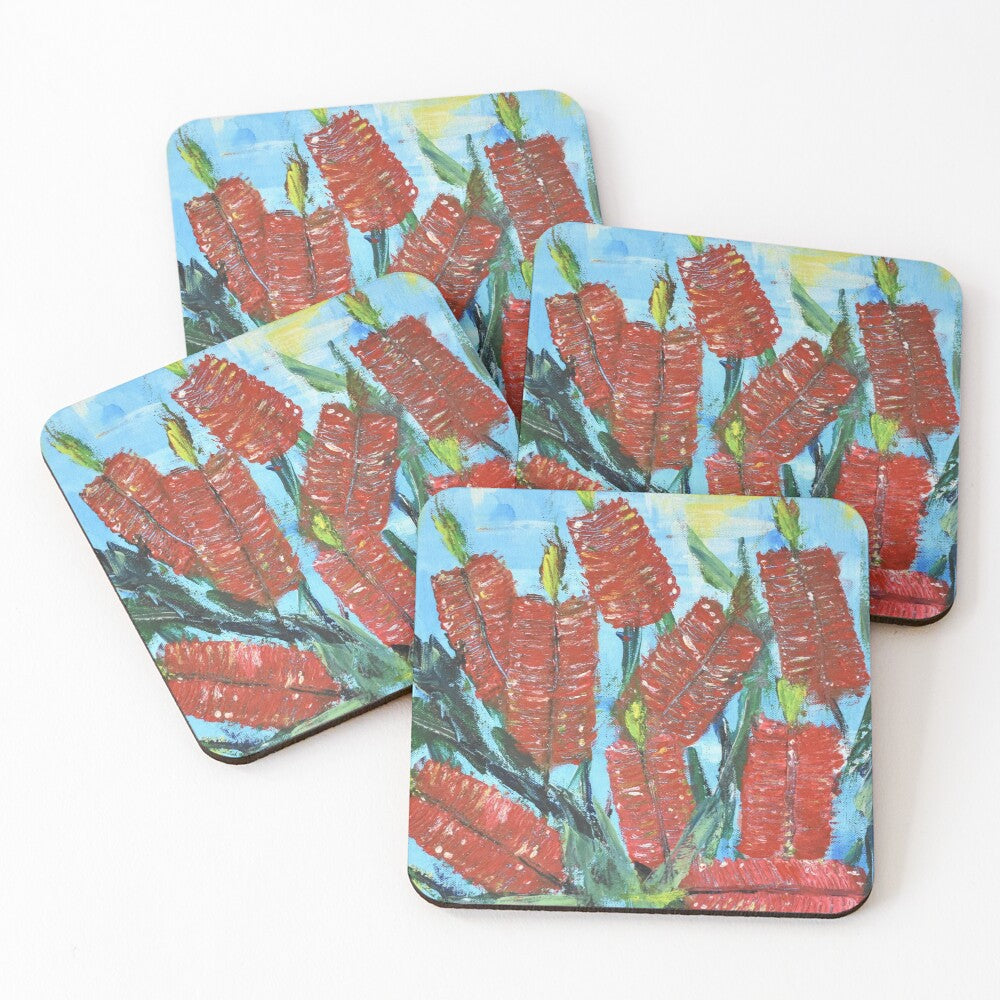 Original painting of a red bottle brushes on cork backed coasters