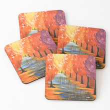 Load image into Gallery viewer, original painting of autumn / fall coloured leaves and trees with water reflections on cork backed coasters
