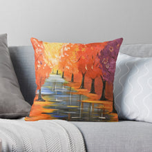 Load image into Gallery viewer, original painting of autumn / fall coloured leaves and trees with water reflections on a 40 x 40cm cushion cover

