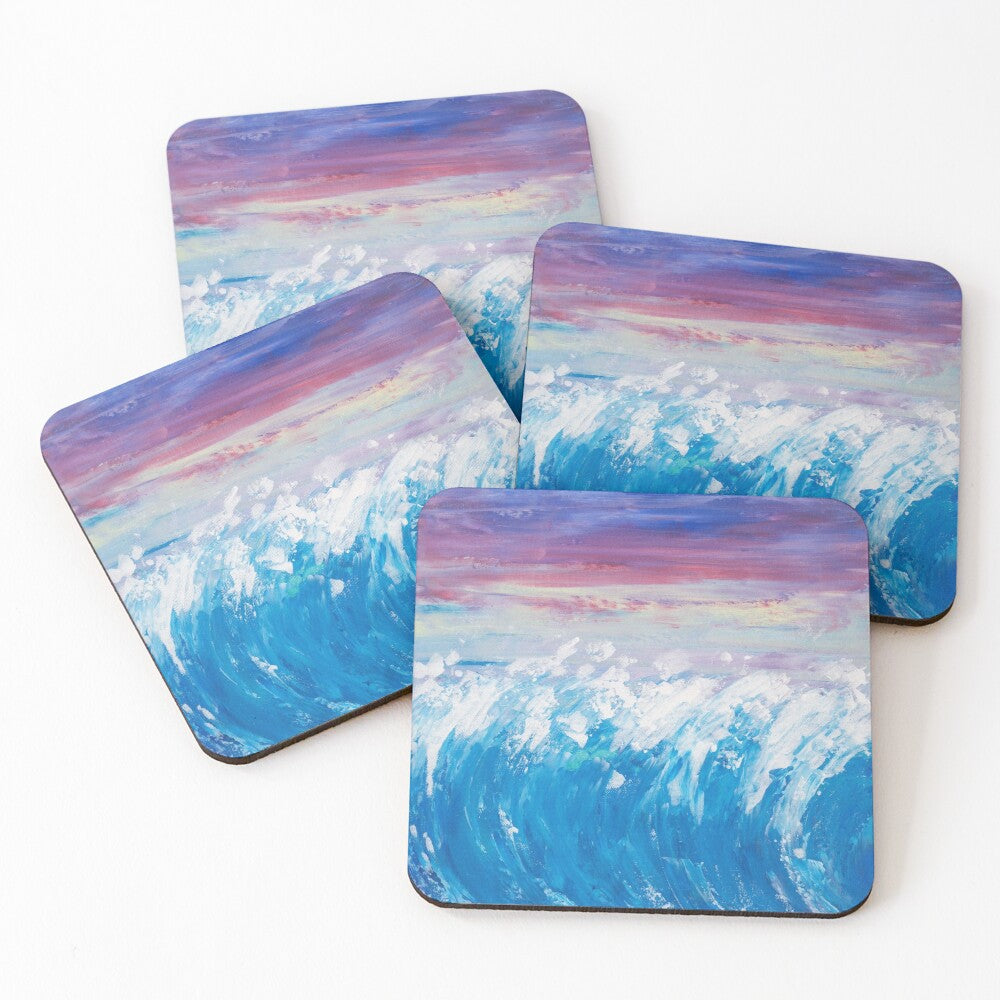 Impressionistic original painting of waves and a sunset on cork backed coasters