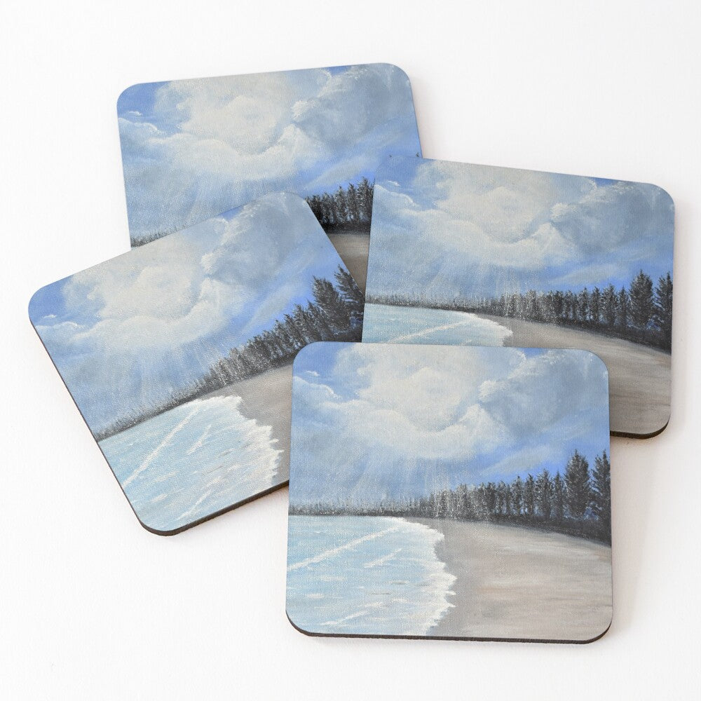 Original painting of a pine tree lined beach with sunrays poking through the clouds on cork backed coasters