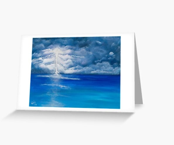 Original painting of lightning cracking over a calm ocean blank card