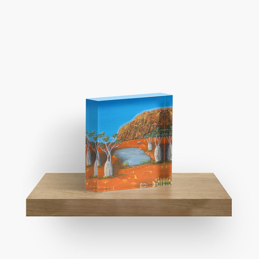 original painting of a of a large rock formation, boab trees, a billabong and emu with beautiful orange and blue complimentary colours inspired by the Kimberley region (Australia's North West outback) in a 10 x 10cm acrylic photographic block
