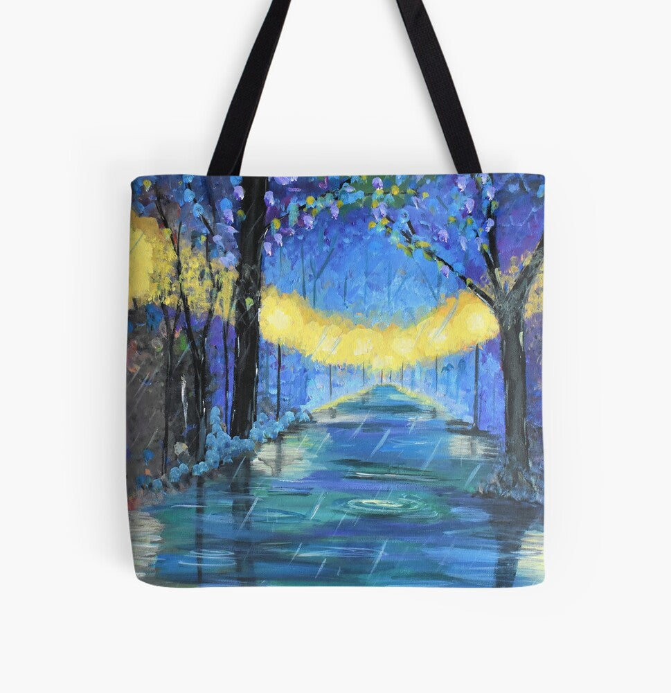 Original painting of path lights reflections from the rain on a 33 x 33cm tote bag