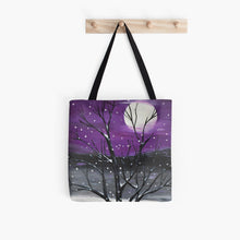 Load image into Gallery viewer, Original painting of a snow scape scene with a full moon and a tree on iPhone and Samsung tough phone cases available in various models on a tote bag

