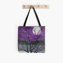 Load image into Gallery viewer, Original painting of a snow scape scene with a full moon and a tree on iPhone and Samsung tough phone cases available in various models on a tote bag
