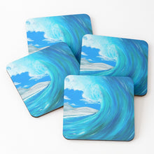Load image into Gallery viewer, Original painting of a tubular blue and turquoise wave about to crash on cork backed coasters

