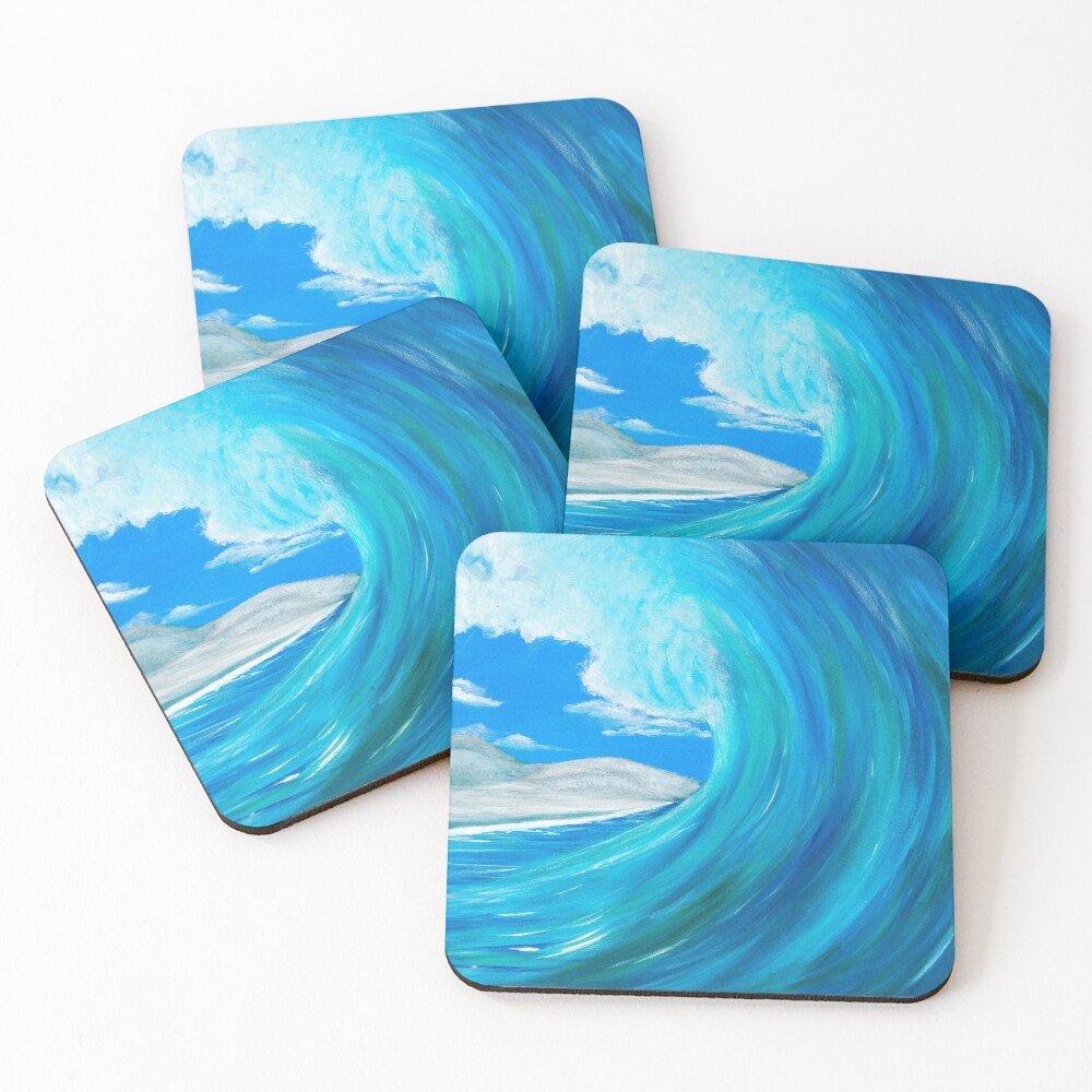 Original painting of a tubular blue and turquoise wave about to crash on cork backed coasters