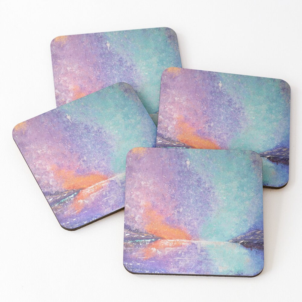 Original painting of a colouful sunset reflected on the water with a bright soul star on cork backed coasters