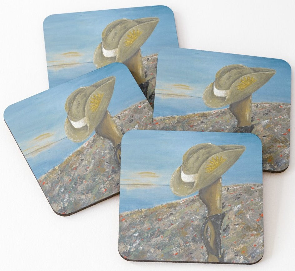 Original painting of a Digger's slouch hat resting on a gun with an ANZAC inspired Crest on cork backed coasters