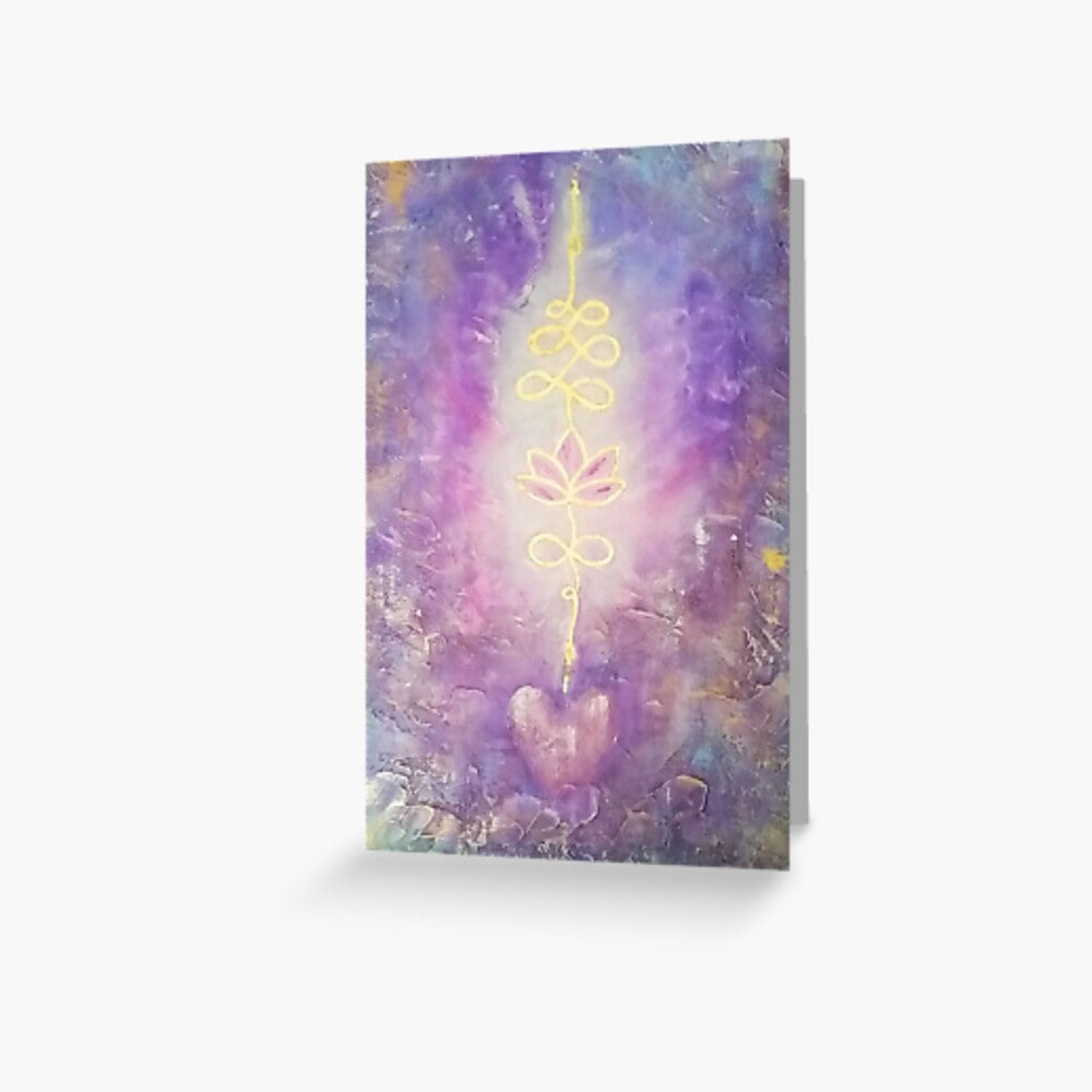 Original painting of a unalome power symbol in gold leaf on an abstract background blank card