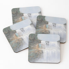 Load image into Gallery viewer, Original painting of a mystical waterfall with a hidden realm on cork backed coasters
