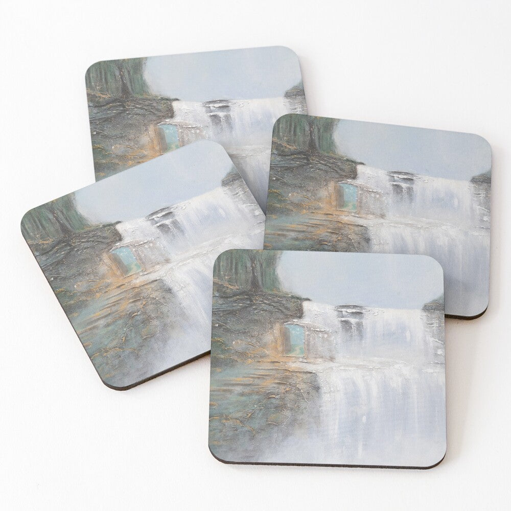 Original painting of a mystical waterfall with a hidden realm on cork backed coasters
