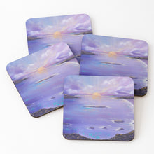 Load image into Gallery viewer, Original painting of a purple sunset over the ocean on cork backed coasters
