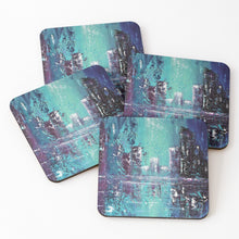 Load image into Gallery viewer, Original abstract painting of a cityscape with reflections in blues, teals and purples on cork backed coasters
