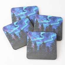 Load image into Gallery viewer, original artwork of the Northern Lights, Aurora Borealis or the Aurora Australis with a starry sky and pine trees on cork backed coasters
