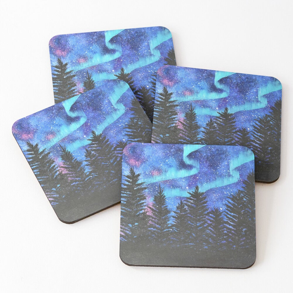 original artwork of the Northern Lights, Aurora Borealis or the Aurora Australis with a starry sky and pine trees on cork backed coasters