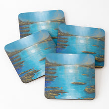 Load image into Gallery viewer, Original painting of a mystical moon reflecting on water on cork backed coasters
