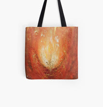 Load image into Gallery viewer, Abstract painting of an orange and yellow flame with gold leaf detail  33 x 33cm tote bag
