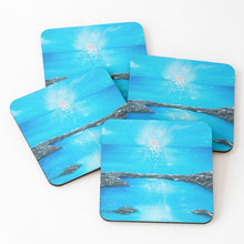 Load image into Gallery viewer, Original painting of a silver leaf sunset over blue water on cork backed coasters

