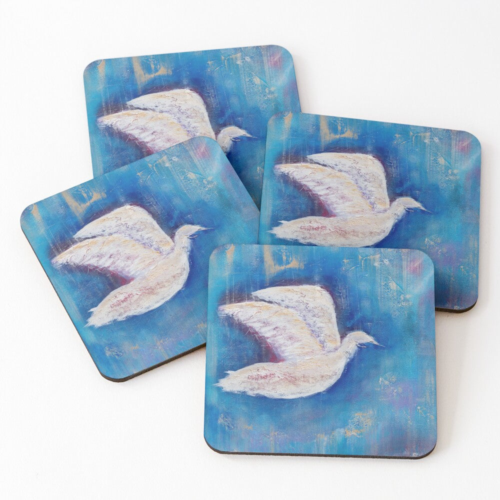 Original painting of a white bird with a blue abstract background on cork backed coasters