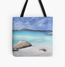 Load image into Gallery viewer, Original painting of a tranquil ocean/ beach scene in Denmark in the South West of Western Australia on a 41 x 41cm tote bag
