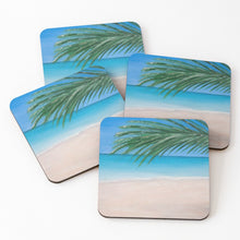 Load image into Gallery viewer, Original painting of a tranquil  tropical beach with  palm leaves on cork backed costers

