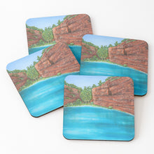Load image into Gallery viewer, Original painting of Fortescue Falls in the Kimberley region of the North West of Western Australia on cork backed coasters
