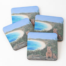 Load image into Gallery viewer, Original painting of quokkas overlooking Pinky&#39;s Beach and Bathurst Lighthouse on Rottnest Island, Western Australia on cork backed coasters
