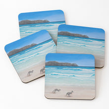 Load image into Gallery viewer, Original painiting of kangaroos on Lucky Bay beach in Esperance, Western Australia on cork backed coasters
