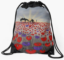 Load image into Gallery viewer, original artwork of a sunrise (in the form of the ANZAC Crest) with a silhouette of a soldier kneeling next to his horse drinking from his hat in a field of red and purple poppies on a drawstring bag

