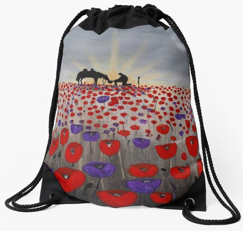 original artwork of a sunrise (in the form of the ANZAC Crest) with a silhouette of a soldier kneeling next to his horse drinking from his hat in a field of red and purple poppies on a drawstring bag