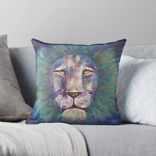 Original painting of a bold coloured lion head close up on a 40 x 40cm cushion cover