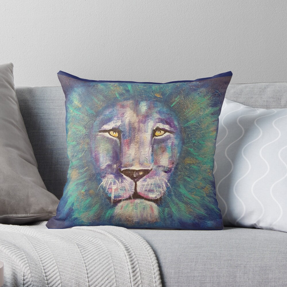 Original painting of a bold coloured lion head close up on a 40 x 40cm cushion cover