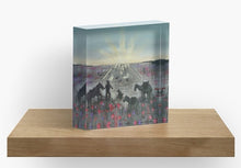 Load image into Gallery viewer, Original painting of a soldier, horse, camel, donkey, dog and birds walking towards an ANZAC Crest inspired sunrise through a field of poppies on a 10 x 10cm acrylic photographic block

