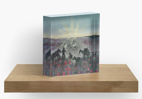 Original painting of a soldier, horse, camel, donkey, dog and birds walking towards an ANZAC Crest inspired sunrise through a field of poppies on a 10 x 10cm acrylic photographic block