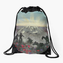 Load image into Gallery viewer, Original painting of a soldier, horse, camel, donkey, dog and birds walking towards an ANZAC Crest inspired sunrise through a field of poppies on a drawstring bag

