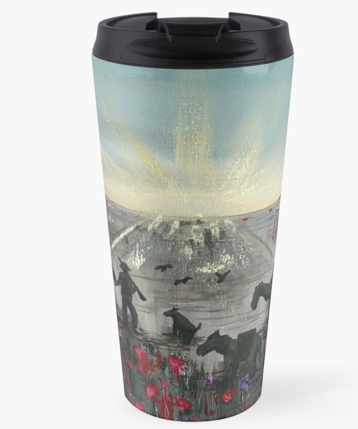 Original painting of a soldier, horse, camel, donkey, dog and birds walking towards an ANZAC Crest inspired sunrise through a field of poppies on an insulated stainless steel travel mug
