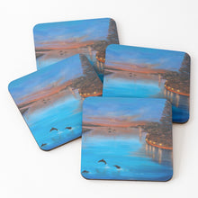 Load image into Gallery viewer, Original artwork of silhouetted dolphins swimming at sunset in the Mandurah estuary with beautiful blue and orange complimentary colours on cork backed coasters.
