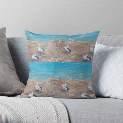 Original painting of Australian pelicans on a beach on a 40 x 40cm cushion cover