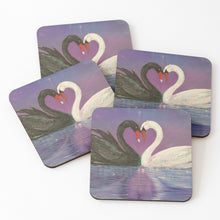 Load image into Gallery viewer, Original painting of a black and a white swan touch heads to form a love heart with the heart reflecting in the water on cork backed coasters
