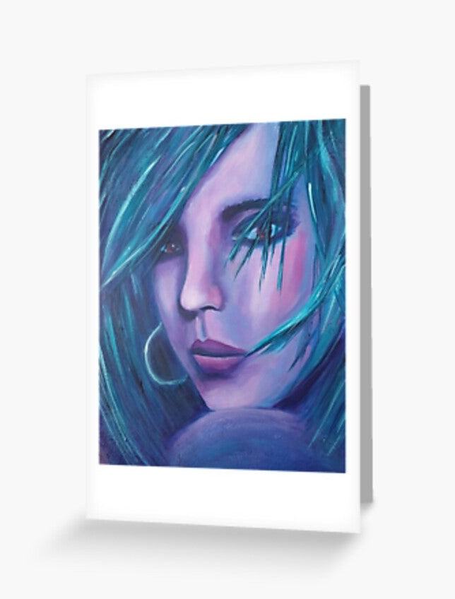Original close up portrait painting of a sassy female in bold colours on a blank card