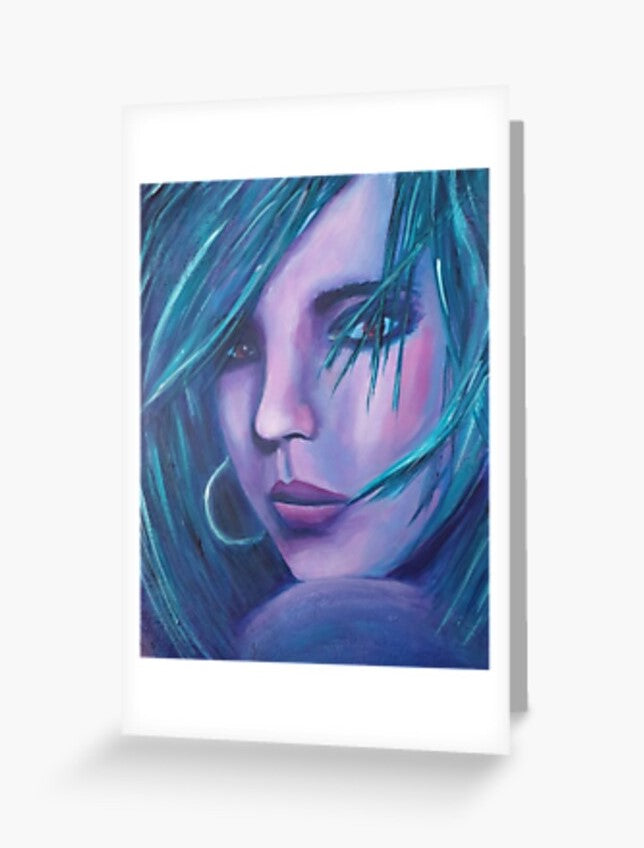 Original close up portrait painting of a sassy female in bold colours on a blank card