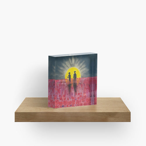 Original painting of a rising sun which is an abstract version of the Aboriginal flag with the silhouette of an Aboriginal holding a spear and a soldier holding a gun surrounded by red poppies on a 10 x 10cm acrylic photographic block