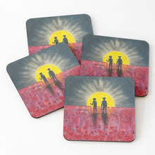Load image into Gallery viewer, Original painting of a rising sun which is an abstract version of the Aboriginal flag with the silhouette of an Aboriginal holding a spear and a soldier holding a gun surrounded by red poppies on cork backed coasters
