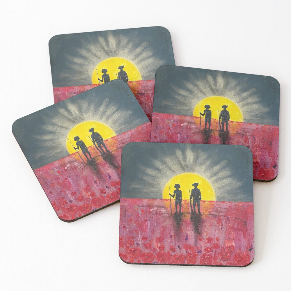 Original painting of a rising sun which is an abstract version of the Aboriginal flag with the silhouette of an Aboriginal holding a spear and a soldier holding a gun surrounded by red poppies on cork backed coasters
